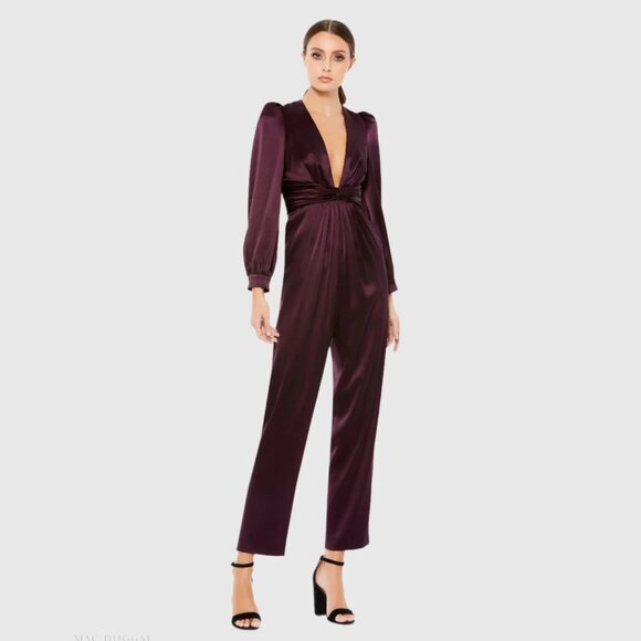 NWT Mac Duggal Front Twist Puff Sleeve Deep V Jumpsuit Plum 2 #A0546 - Picture 1 of 8